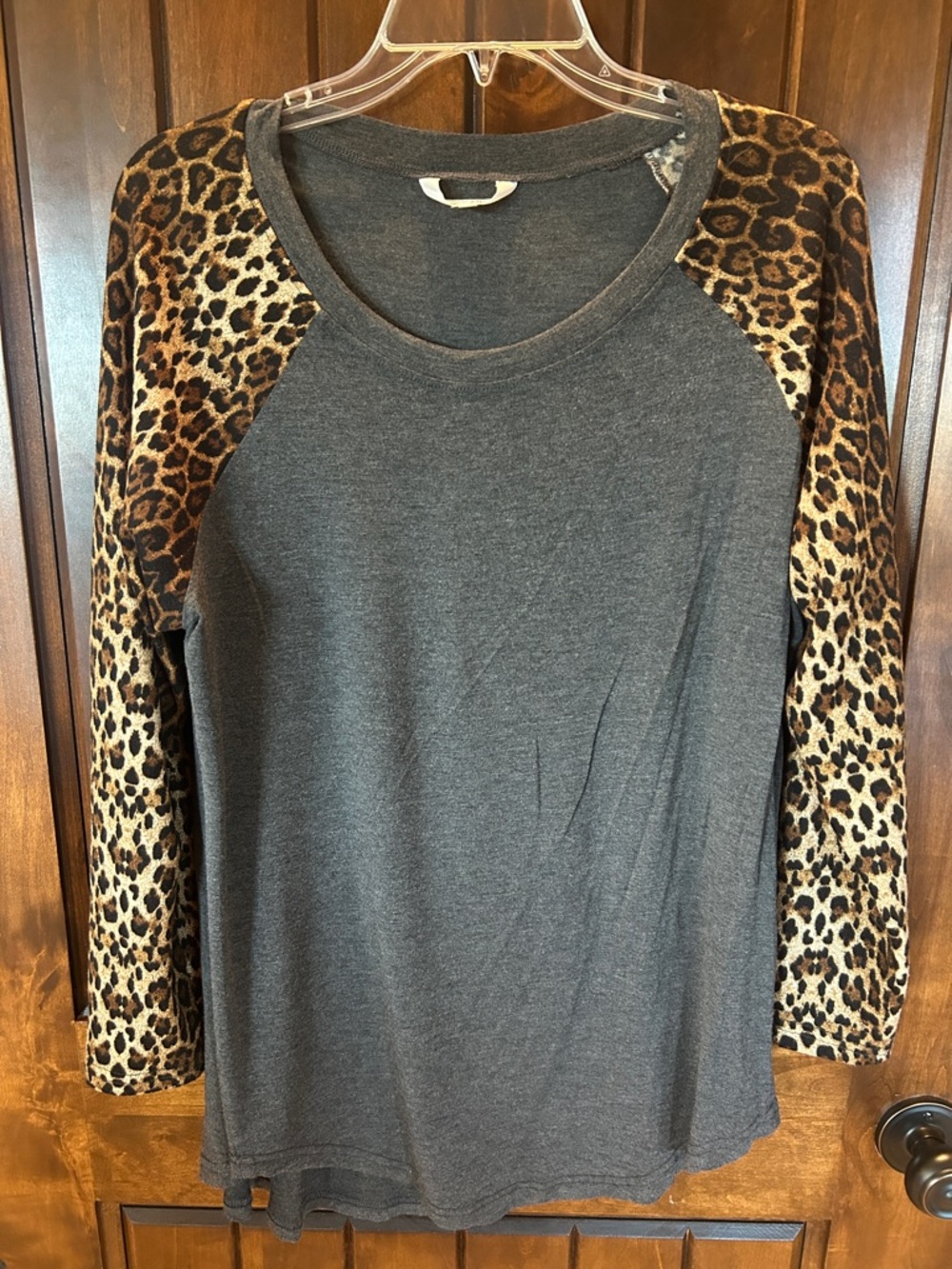 Amaryllis Charcoal Gray Tee with Leopard Raglan Sleeves